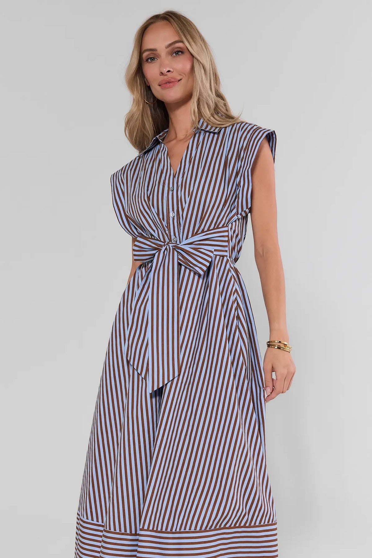 Oakley Brown & Blue Striped Midi Dress, tie waist & button front, 3/4 on-model front view | Avara