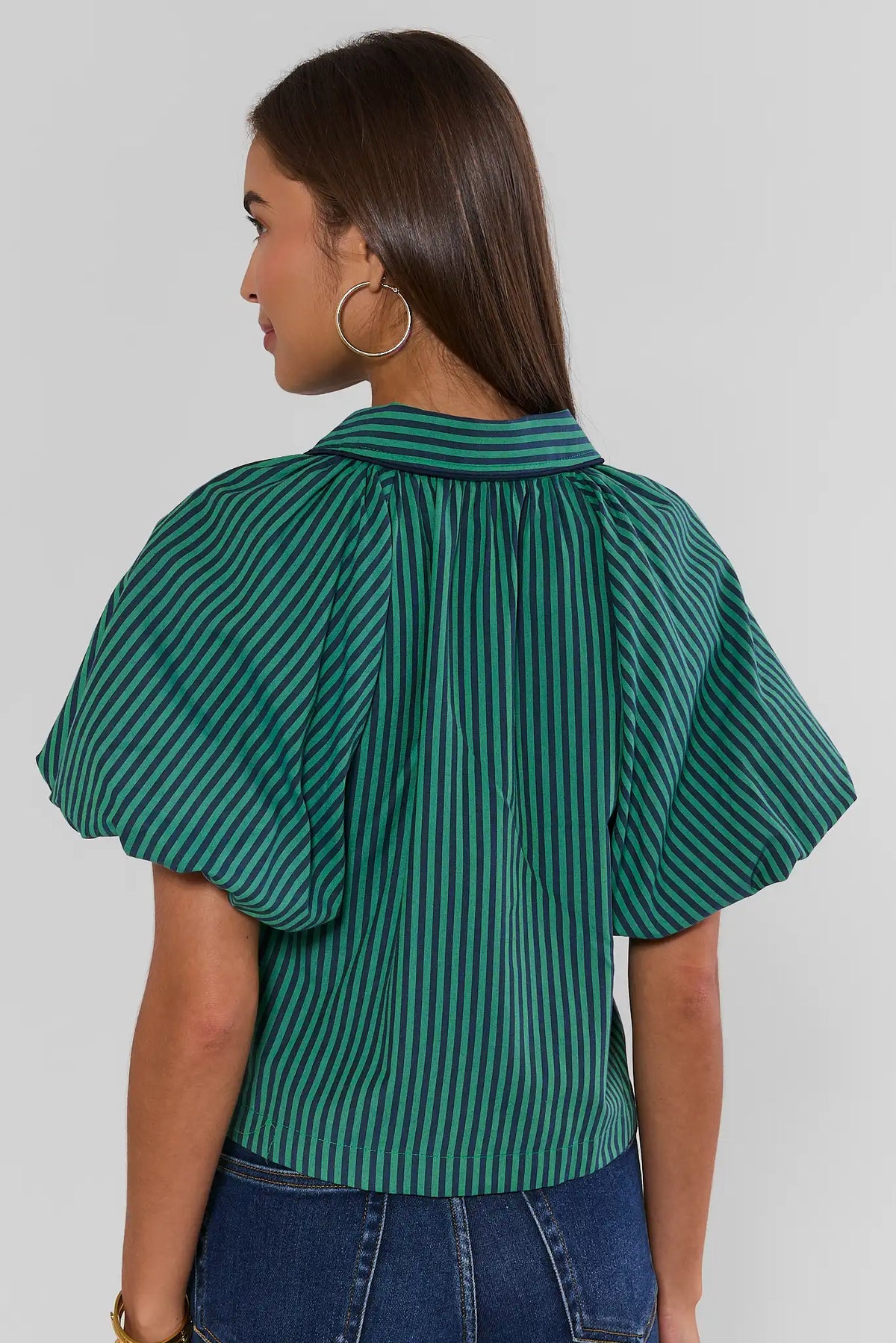 Green Navy Striped Puff Sleeve Collared Top - Back View, showing voluminous sleeves and collar | Avara