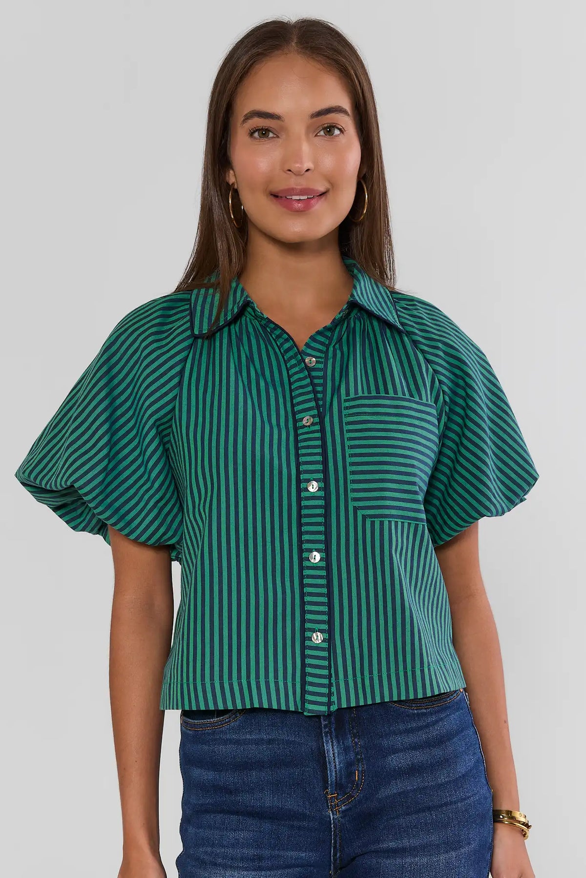 Green Navy Striped Puff Sleeve Button-Up Collared Top - Front View, styled with blue jeans | Avara