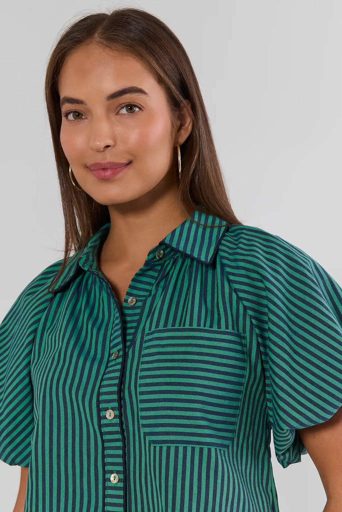 Green Navy Striped Button-Up Collared Top - Close-Up Detail, spread collar and chest pocket | Avara