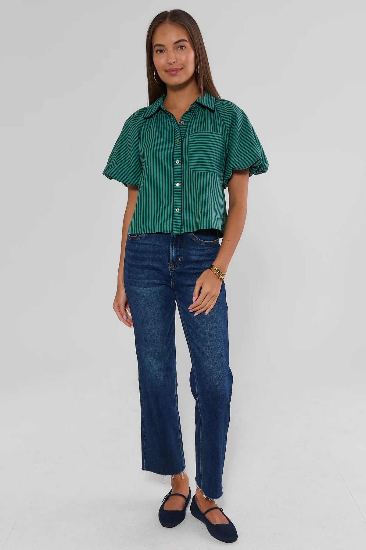 Green Striped Puff Sleeve Collared Top - Full Length On Model, paired with dark jeans and flats | Avara