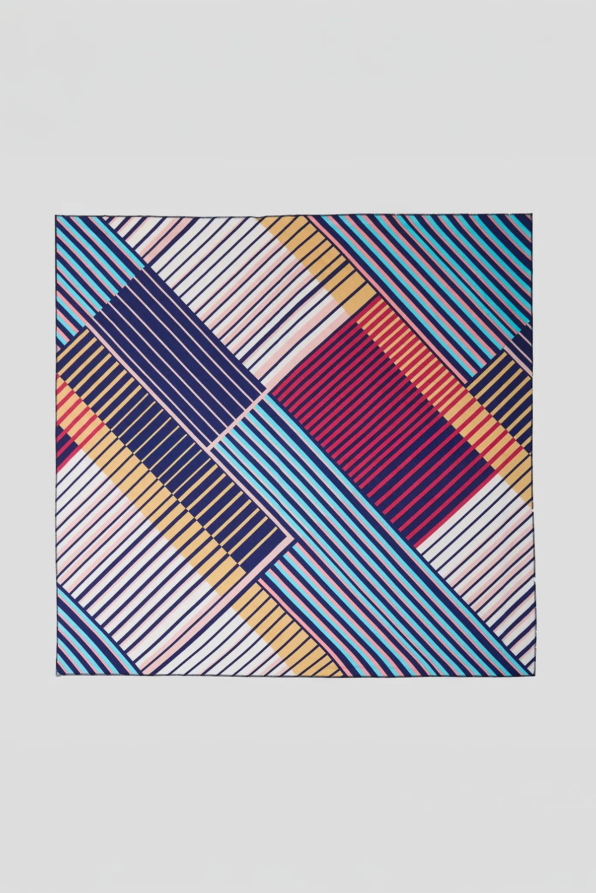 Mixed Stripe Square Scarf in navy, teal, burgundy, gold, and pink geometric print - Flat Lay | Avara