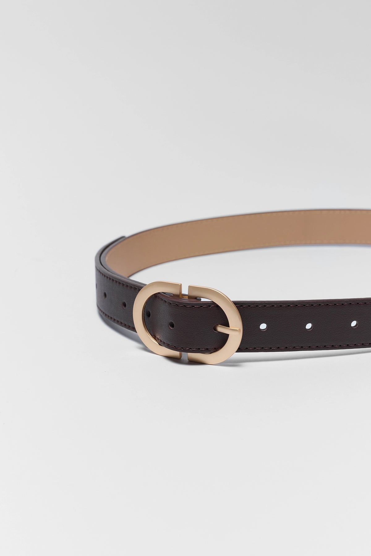 Brown Faux Leather Belt gold oval buckle close-up, tan interior detail - Hardware Detail | Avara