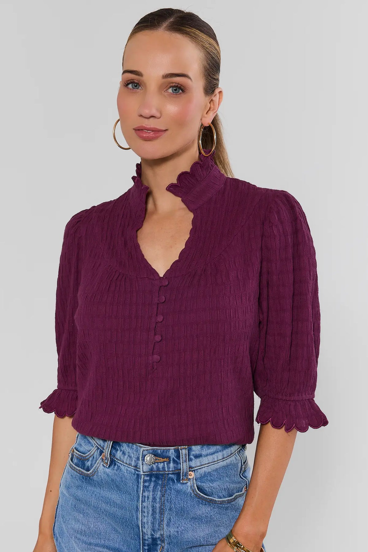 Plum Textured Ruffle Trim Top - Front View On Model | Avara