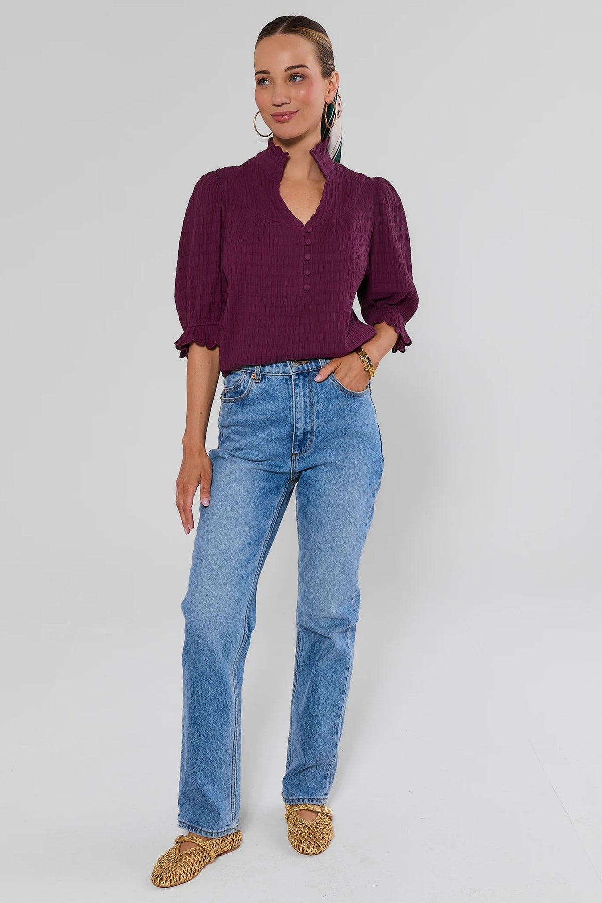 Plum Ruffle Trim Top Styled with Jeans - Full Length Front | Avara