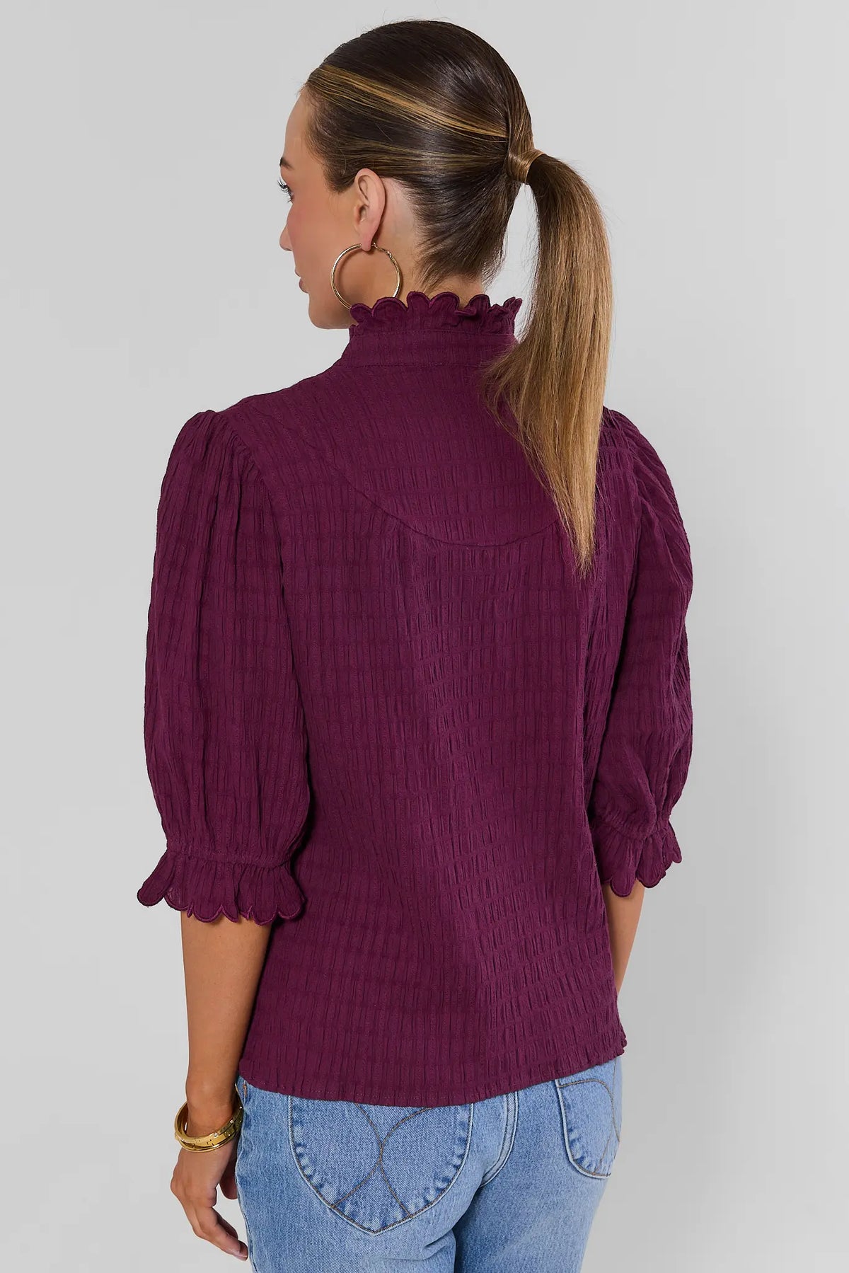 Plum Textured Puff Sleeve Top - Back View Scallop Trim Detail | Avara