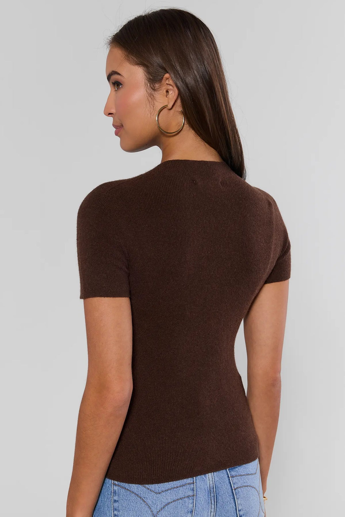 Brown Ribbed Knit Short Sleeve Top - Back View On Model | Avara
