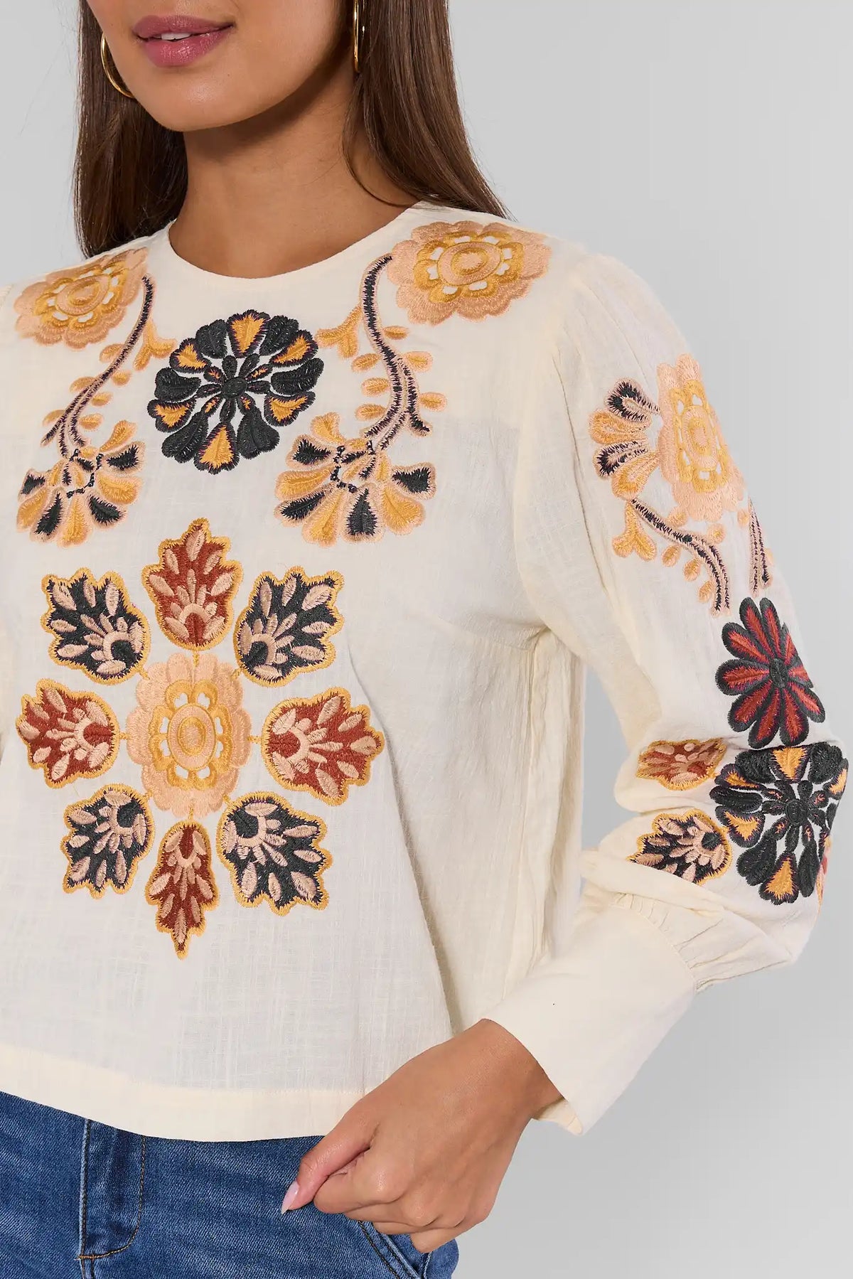 Cream Embroidered Top - Floral Bodice & Sleeve Detail Close-Up | Avara