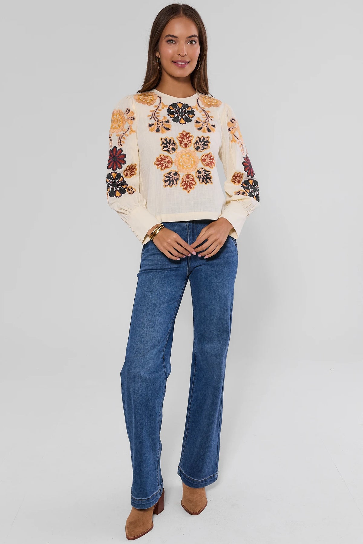 Cream Floral Embroidered Top Styled with Wide Leg Jeans - Full Length | Avara