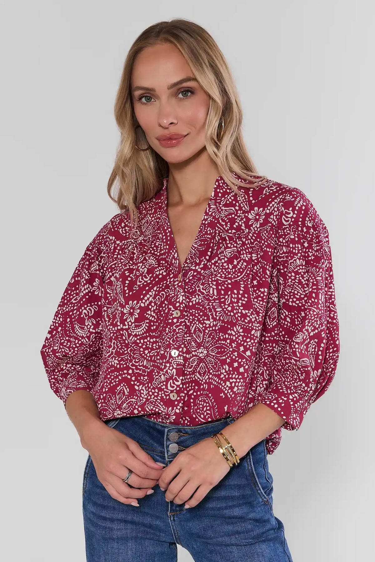 Maroon Paisley Print Top - Front View On Model with Denim | Avara