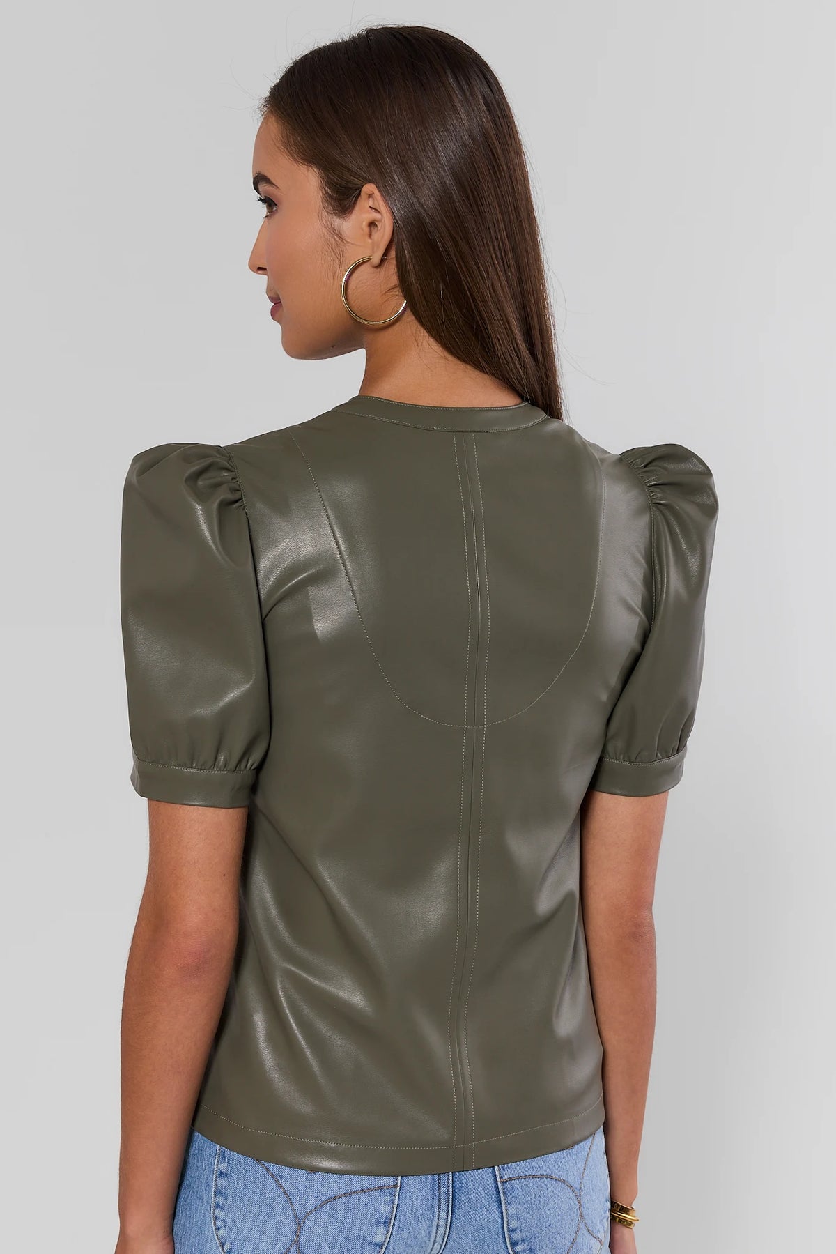 Olive Faux Leather Puff Sleeve Top - Back View Showing Seam & Puff Sleeve Detail | Avara