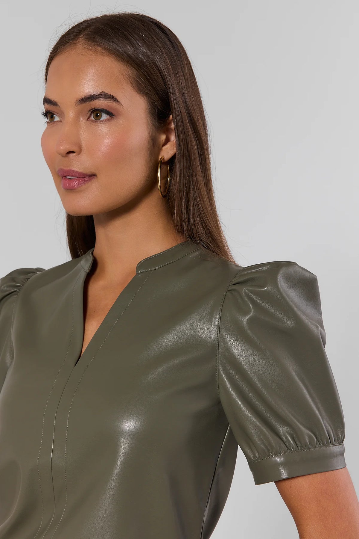 Olive Faux Leather Puff Sleeve Top - Split Neck & Puff Sleeve Close-Up Detail | Avara