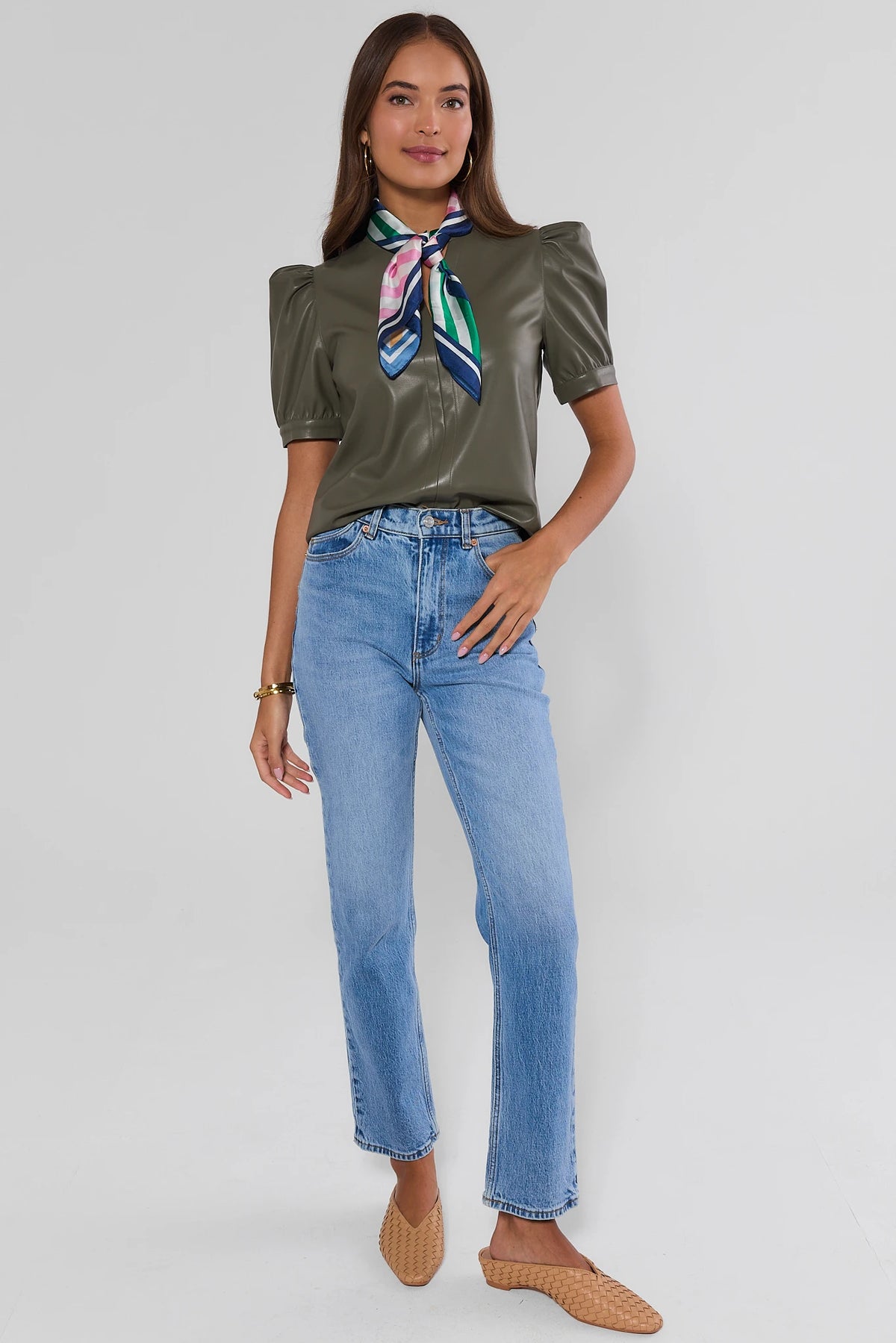 Olive Faux Leather Puff Sleeve Top Styled with Jeans & Neck Scarf - Full Length | Avara