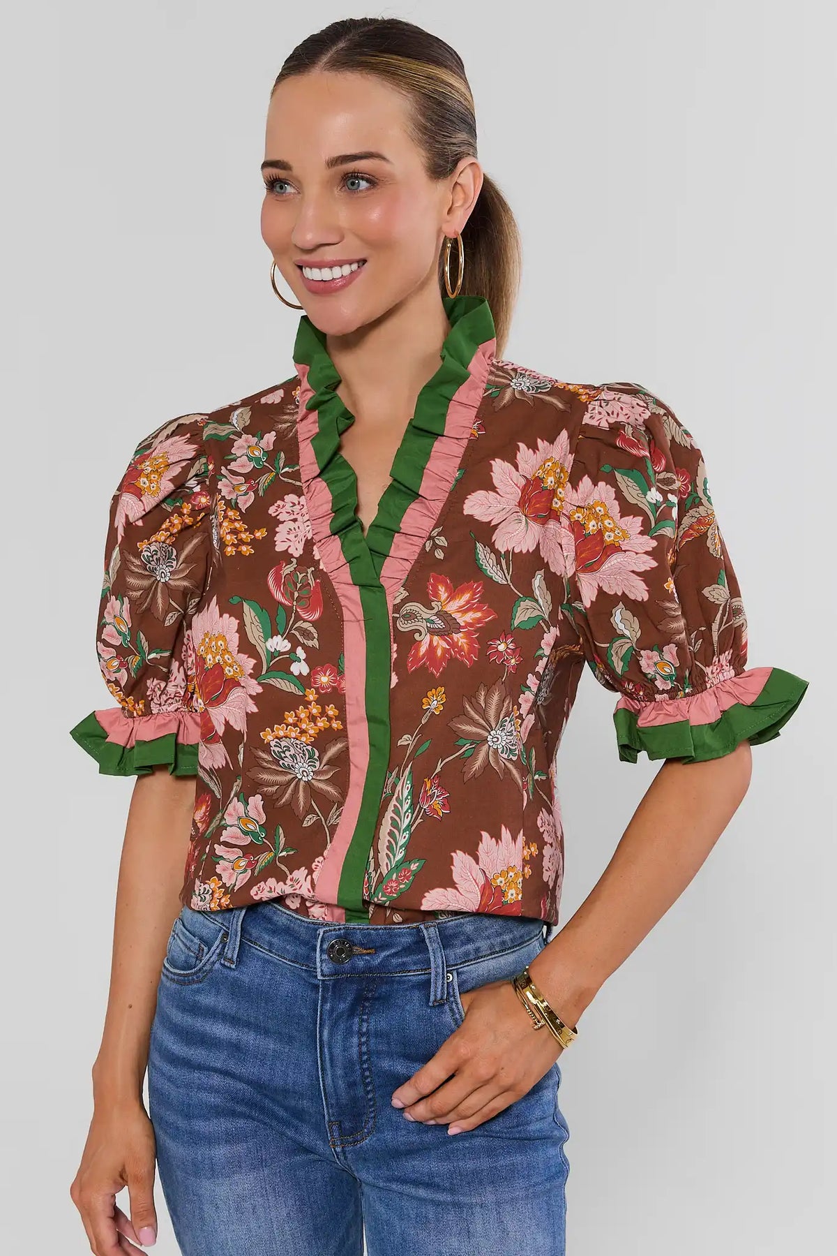 Brown Floral Print Top with Ruffle Trim - Front View On Model | Avara