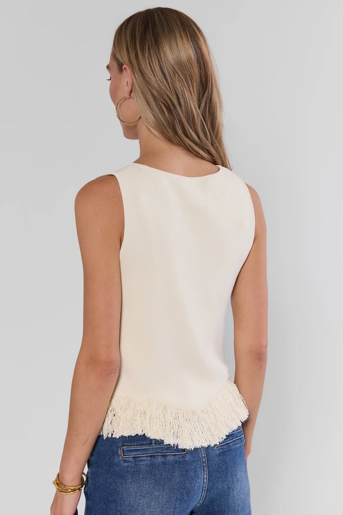 White Knit Fringe Trim Top - Back View On Model, Fringe Scalloped Hem Detail | Avara