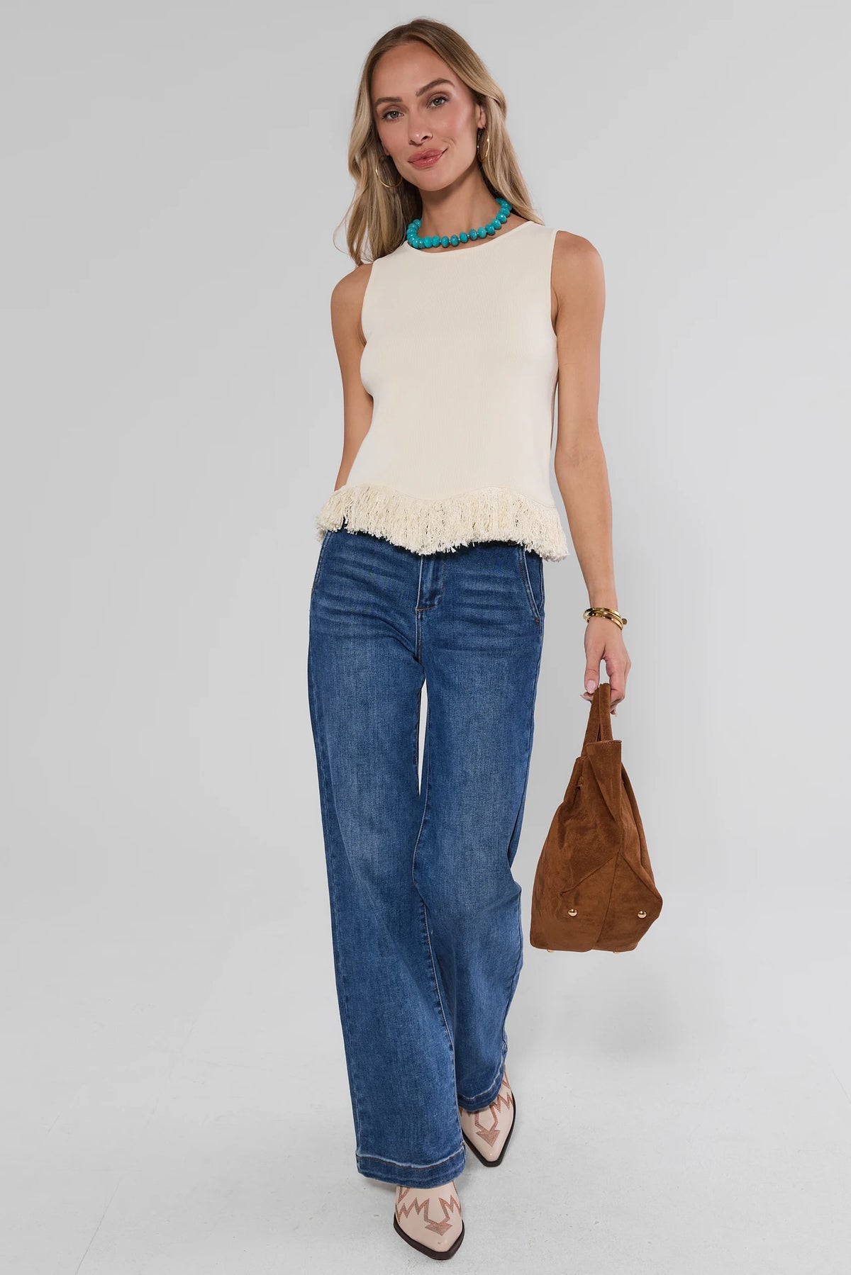 White Fringe Trim Top Styled with Wide-Leg Jeans and Turquoise Necklace - Full Outfit | Avara