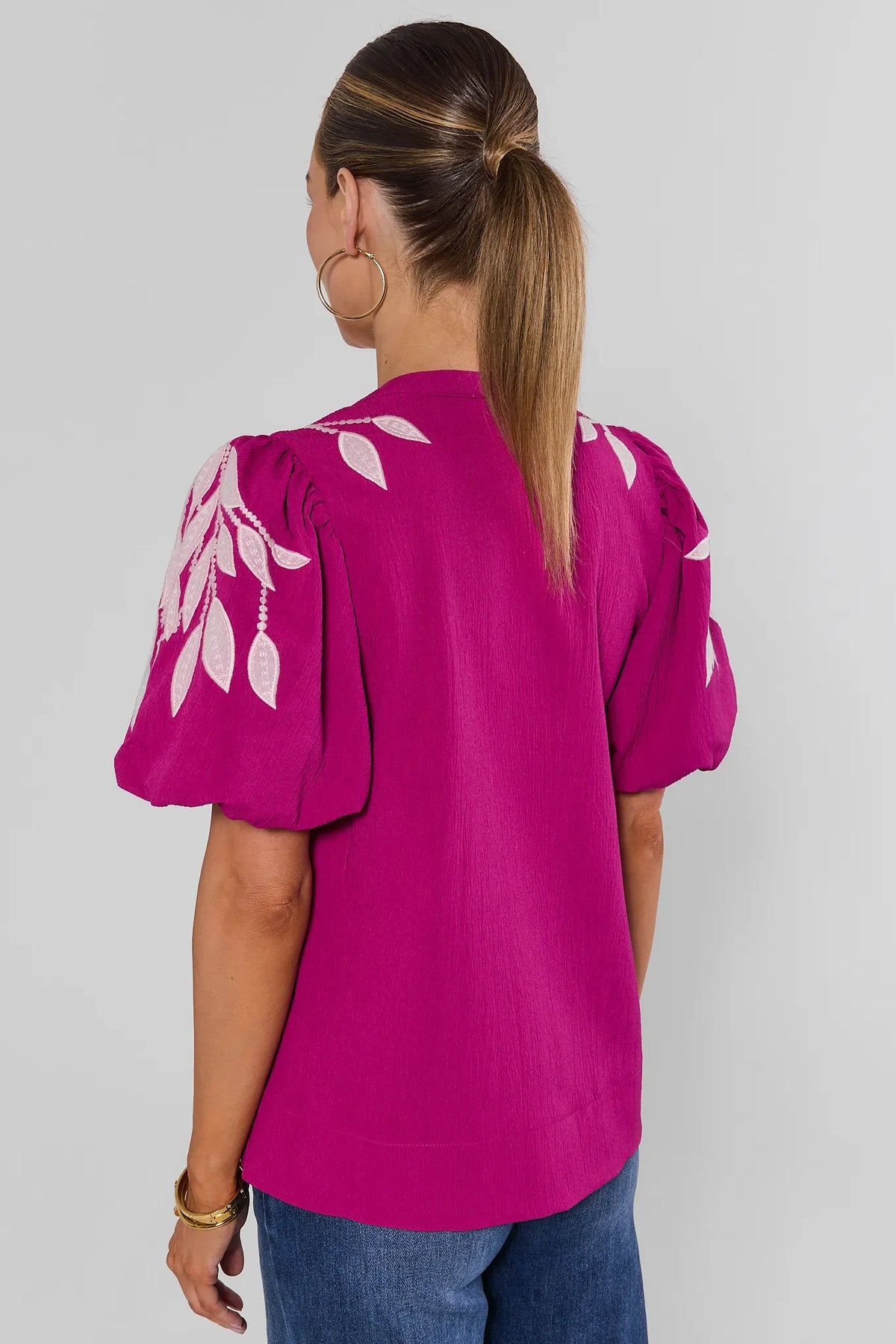 Fuchsia Embroidered Puff Sleeve Top - Back View On Model | Avara