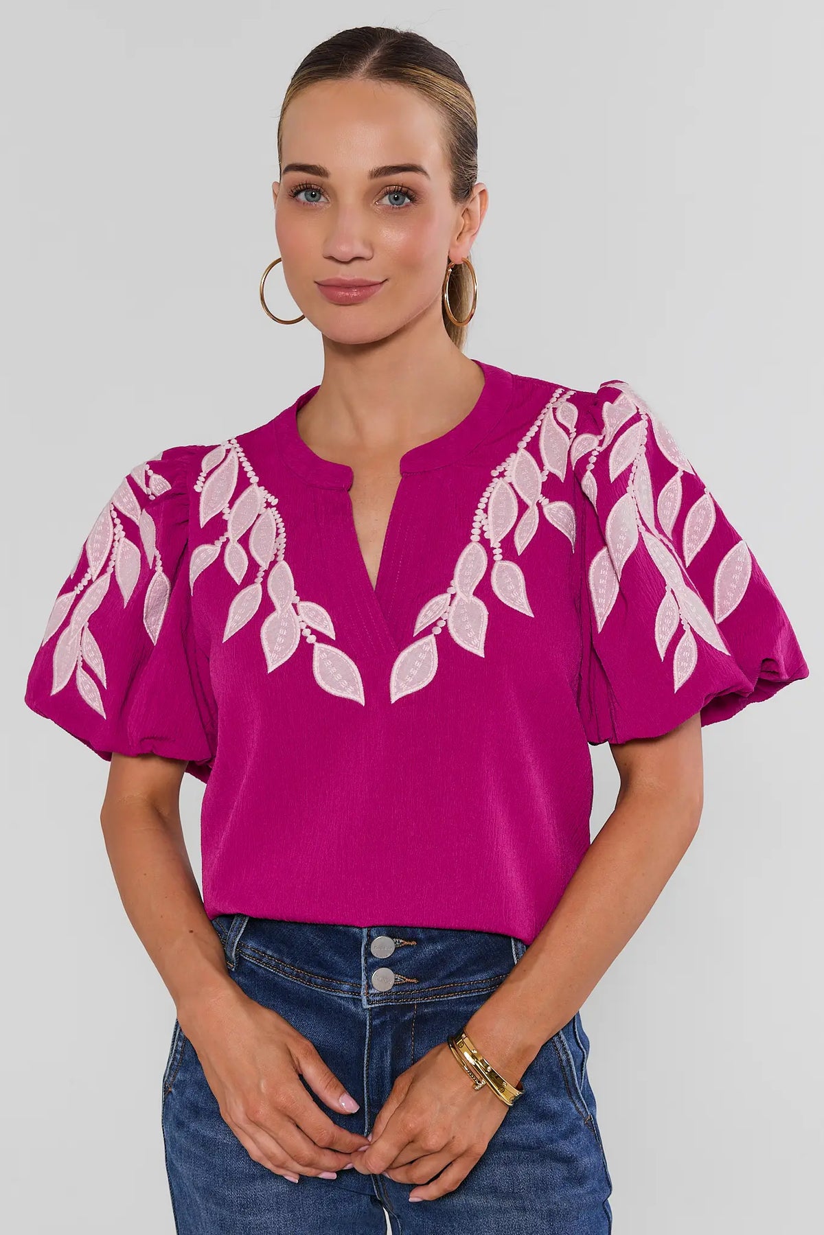 Fuchsia Embroidered Puff Sleeve Top - Front View On Model | Avara