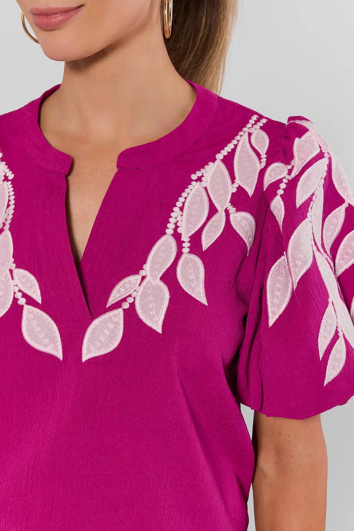 Fuchsia Embroidered Top - White Leaf Embroidery & Neckline Detail | Avara