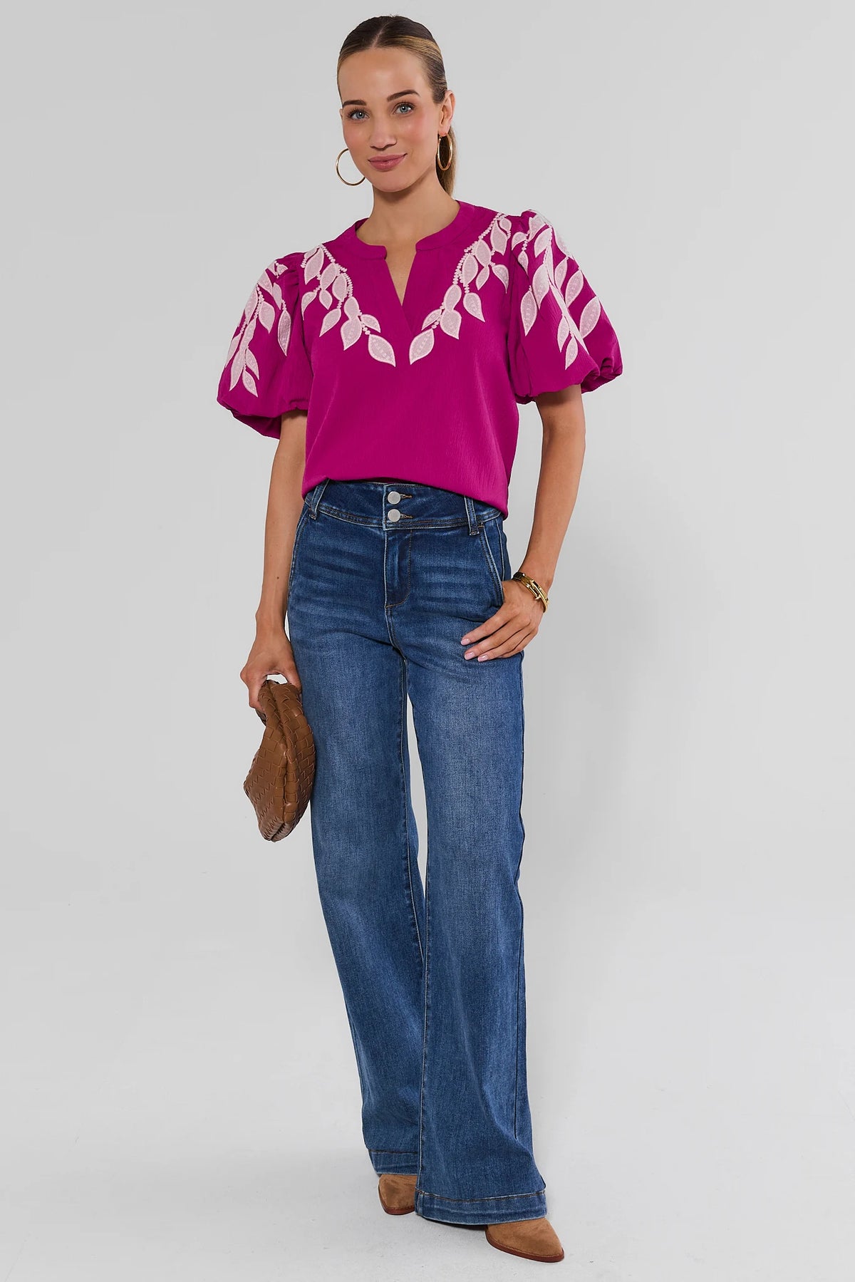 Fuchsia Puff Sleeve Embroidered Top Styled with Wide Leg Jeans - Full Length | Avara