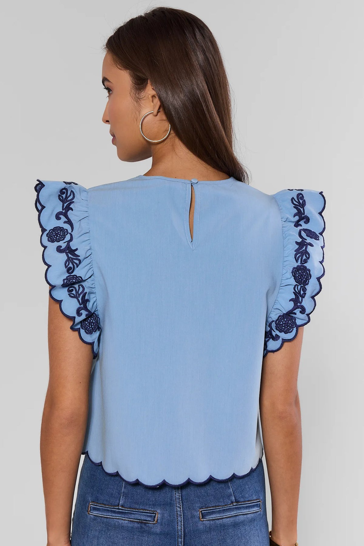 Light Blue THML Embroidered Top - Back View with Keyhole & Scallop Ruffle Sleeves | Avara