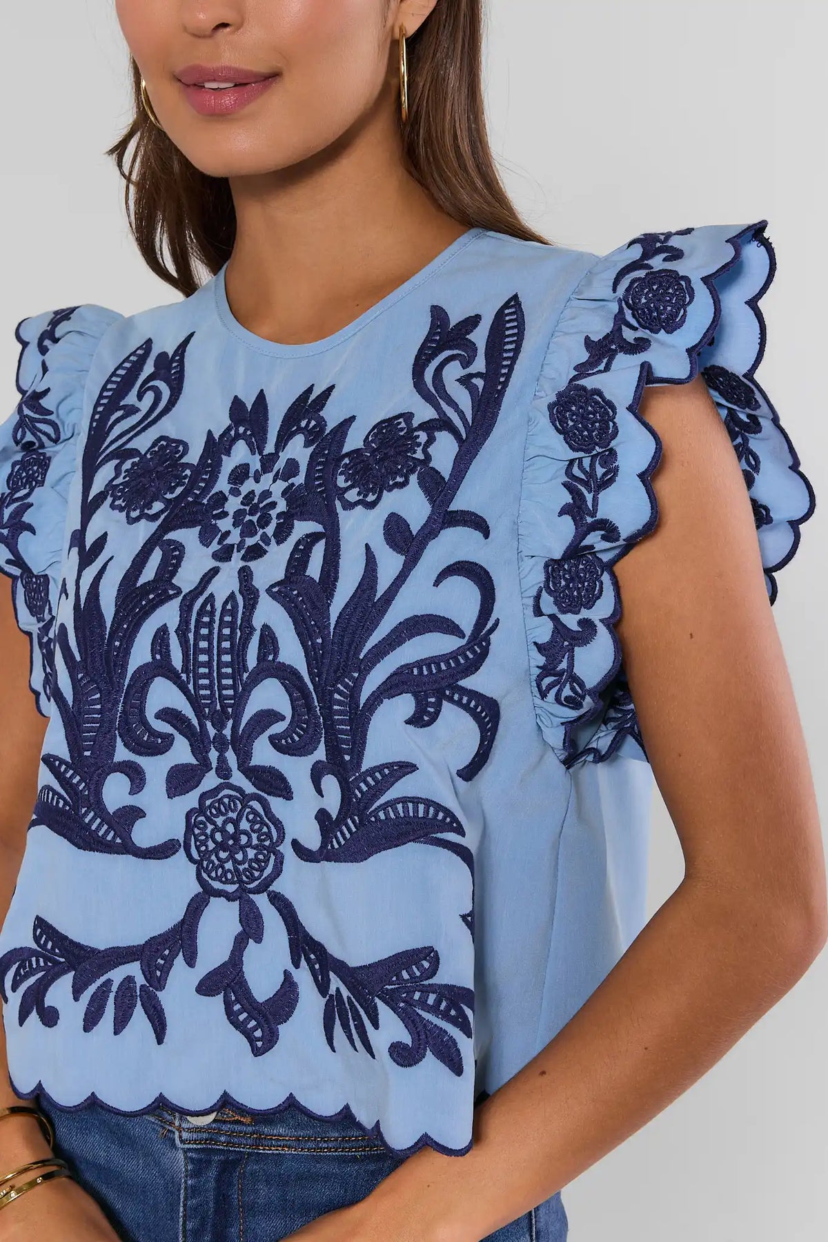 THML Blue Embroidered Top - Floral Embroidery & Scallop Hem Close-Up | Avara