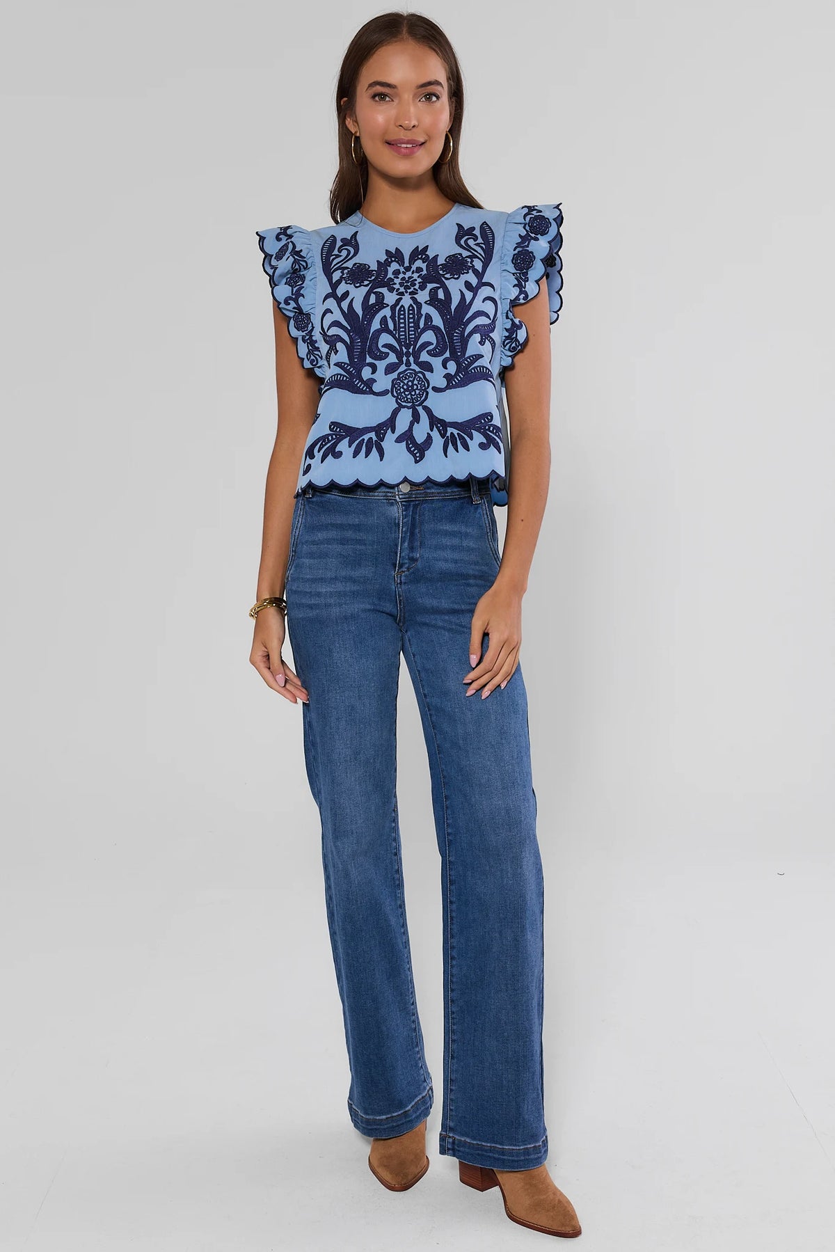 Light Blue Embroidered Ruffle Sleeve Top Styled with Wide-Leg Jeans - Full Body | Avara