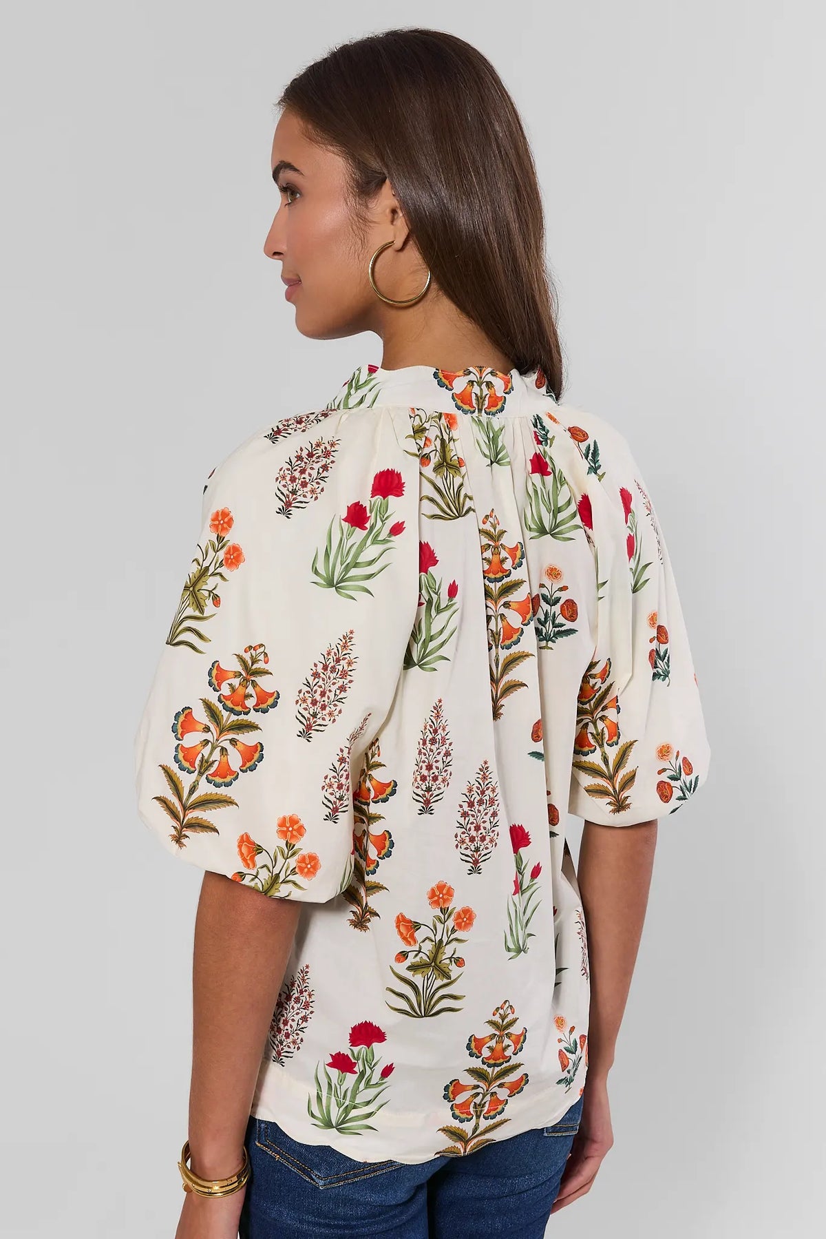Ivory Floral Print Scalloped Hem Top - Back View Showing Pleats & Puff Sleeves | Avara