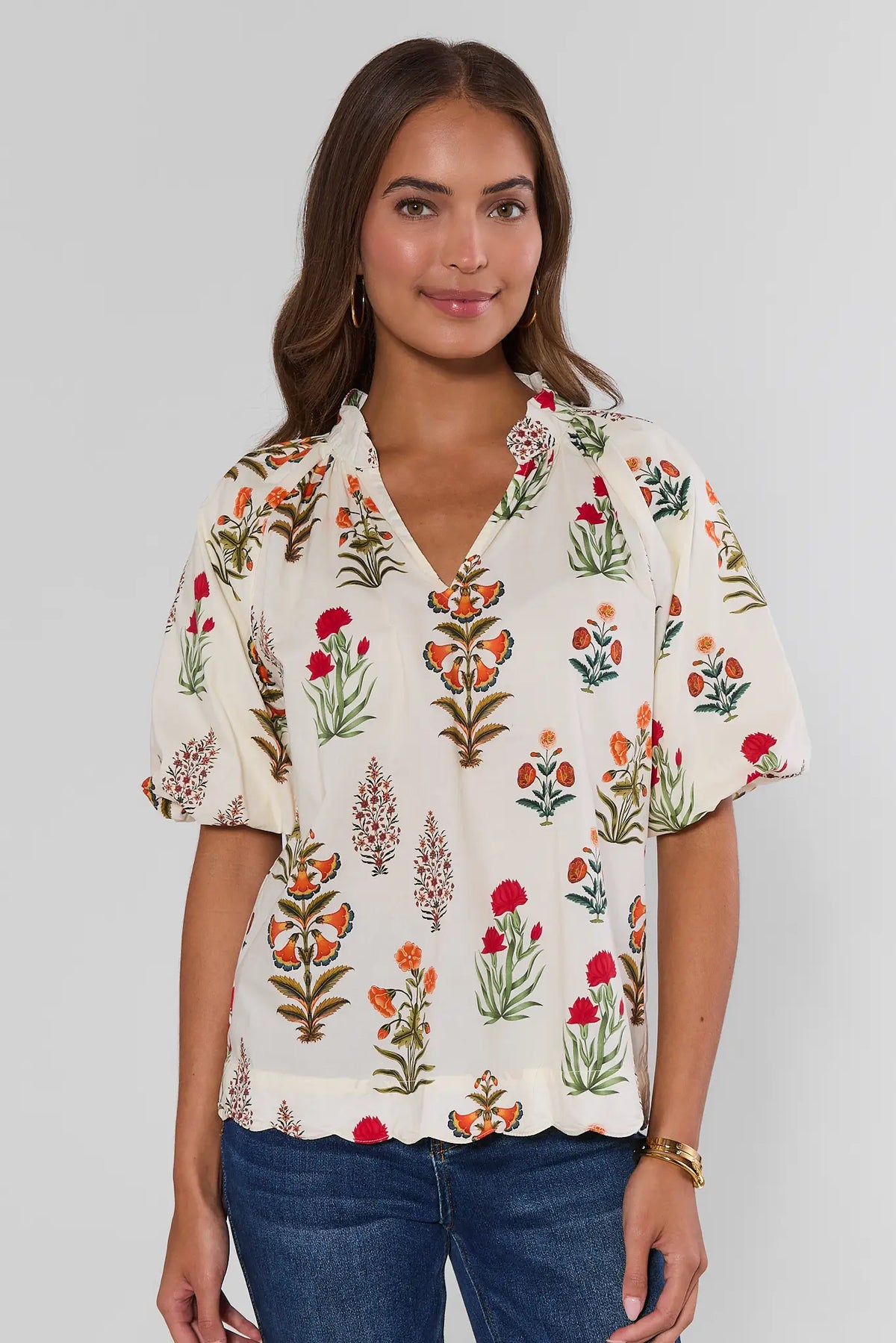 Ivory Floral Print Scalloped Hem Top - Front View On Model with Denim | Avara