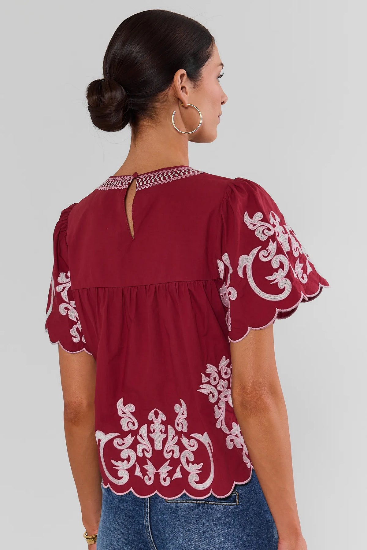 Burgundy Embroidered Top - Back View Keyhole & Puff Sleeve Detail | Avara