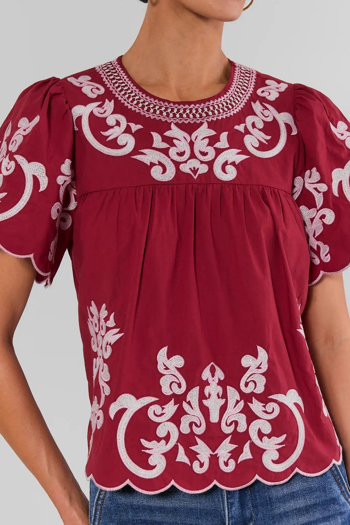 Burgundy THML Embroidered Top - Close-Up Embroidery & Scallop Detail | Avara