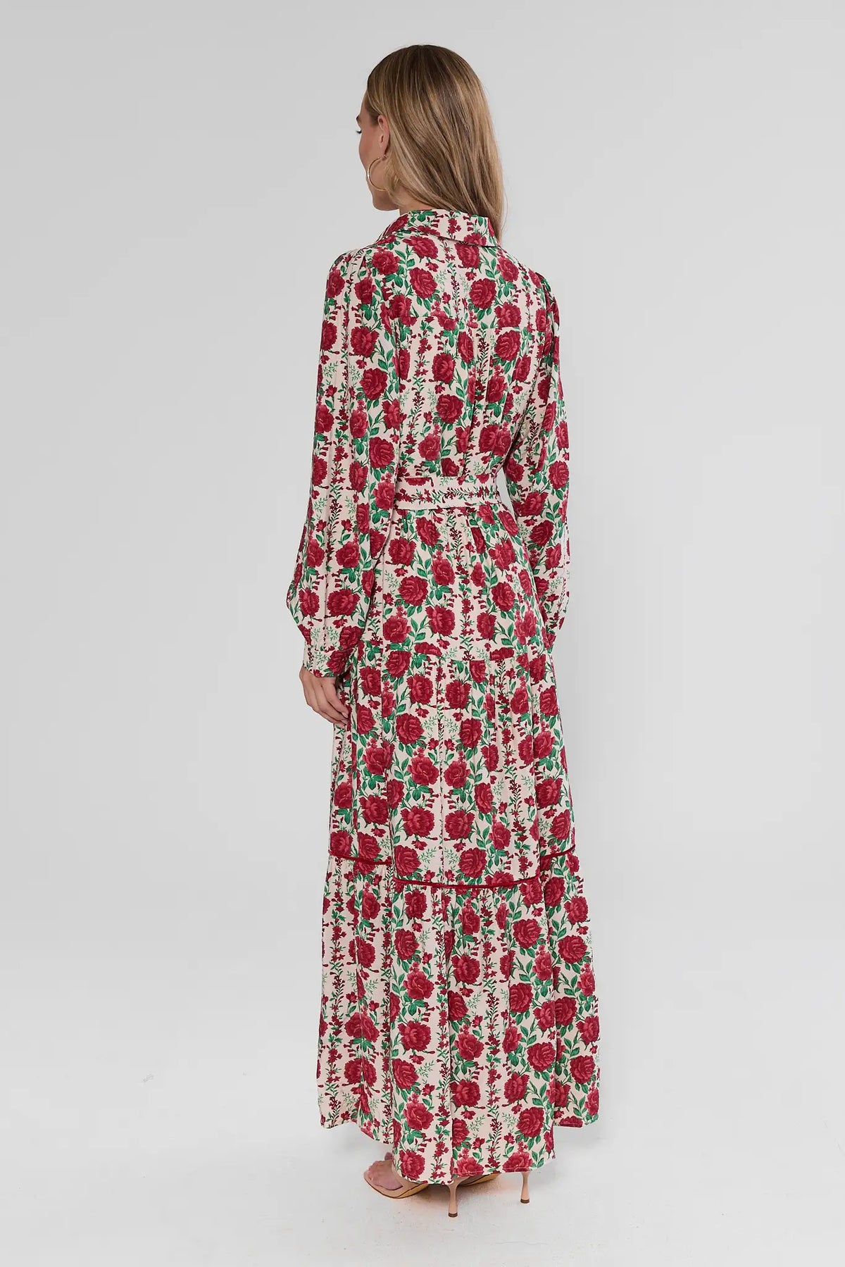 Cream Rose Print Maxi Dress - Back View, Long Sleeve Modest Maxi | Avara