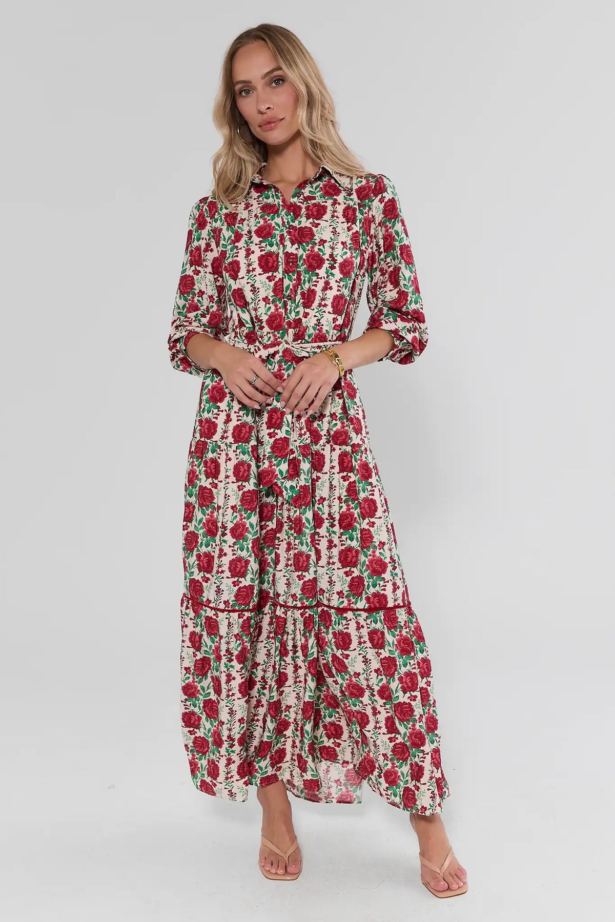 Cream Rose Print Maxi Dress - Front View, Tiered Flowy Silhouette | Avara