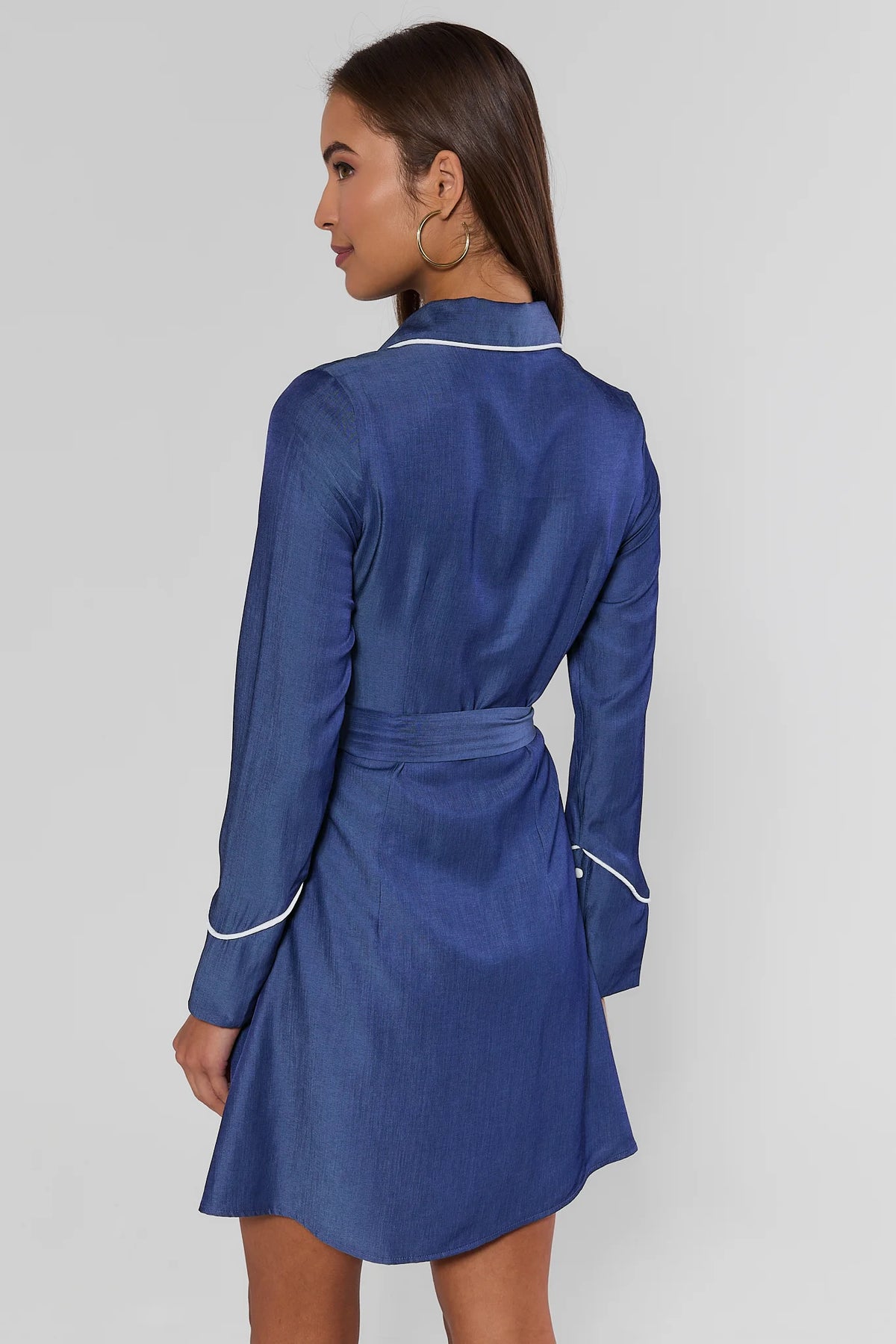Blue Chambray Embroidered Short Dress - Back View with White Piping Detail | Avara