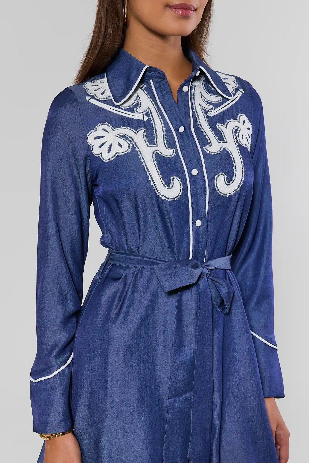 Blue Chambray Embroidered Short Dress - Side Angle Bodice and Tie Waist Detail | Avara