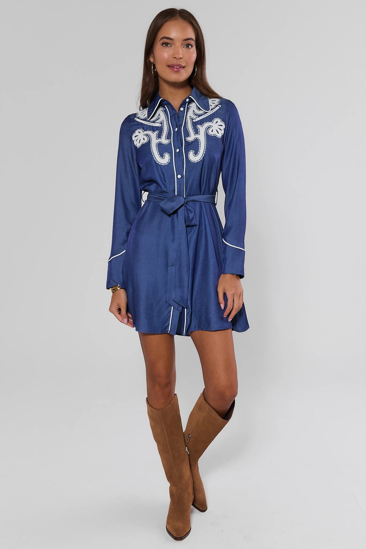 Blue Chambray Embroidered Short Dress - Full Length with Tan Boots On Model | Avara