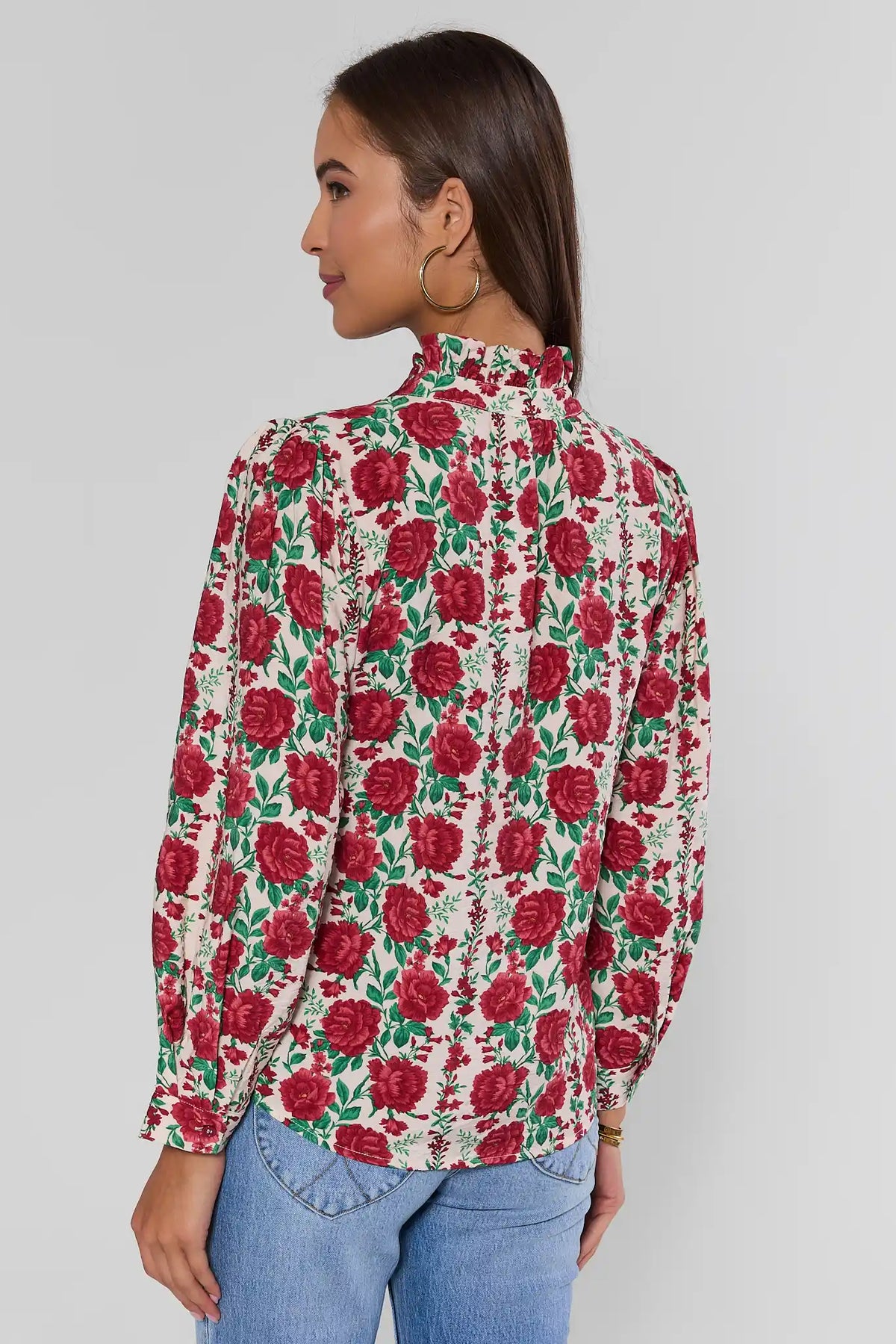 Cream Floral Print Button Up Top - Back View Ruffle Collar Detail | Avara
