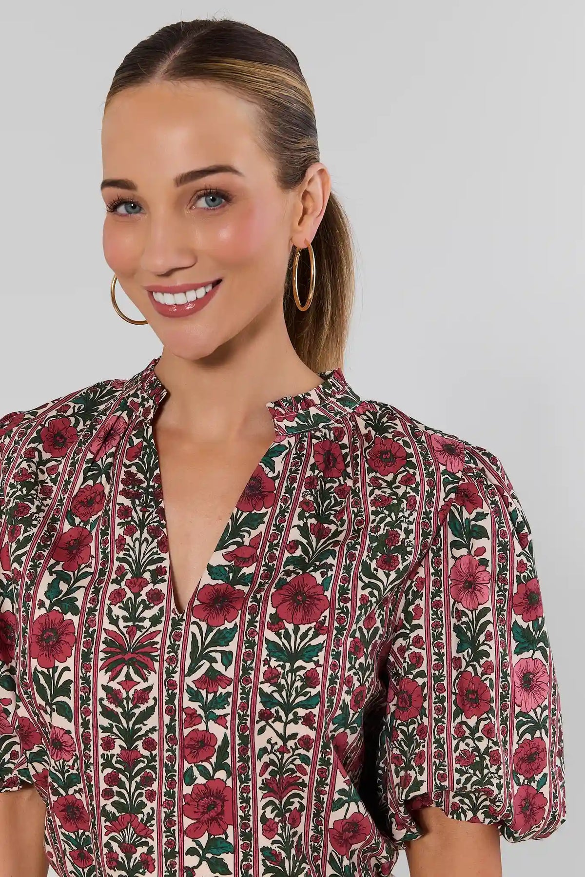 Ivory Floral Printed Top - Neckline Close-Up, Split-Neck Tapestry Floral Blouse for Women | Avara