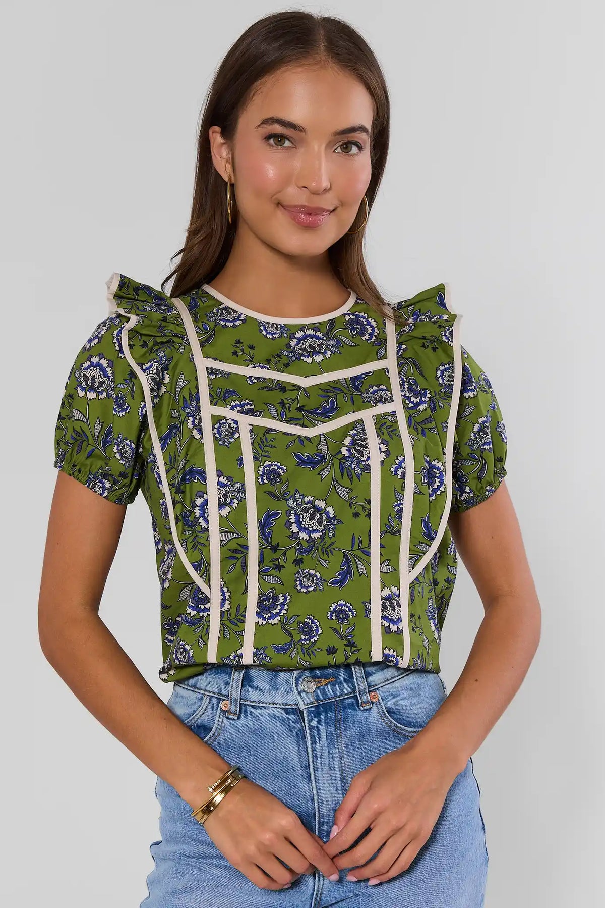 Olive Floral Printed Top with Ruffle Shoulders - Front View On Model | Avara