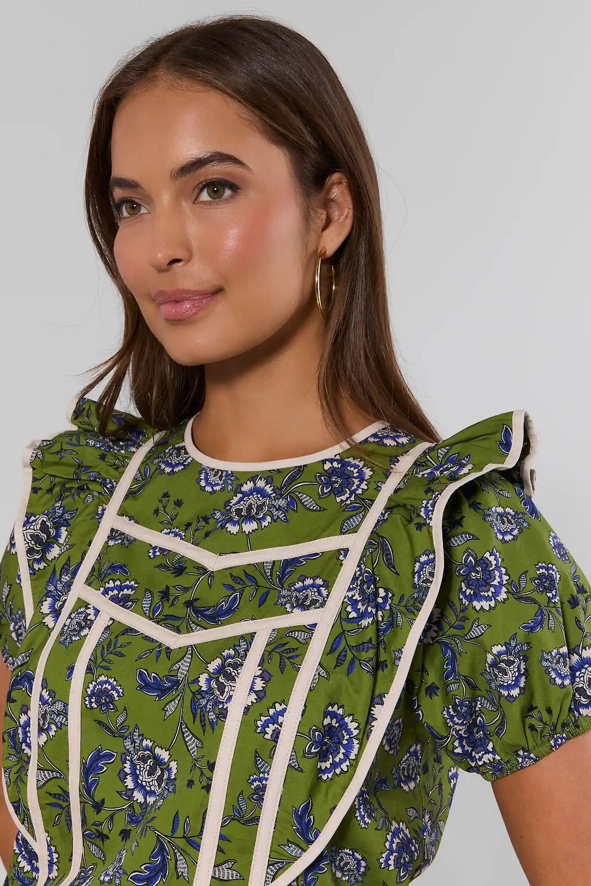 Olive Floral Printed Top Ruffle & Cream Trim Close-Up Detail | Avara