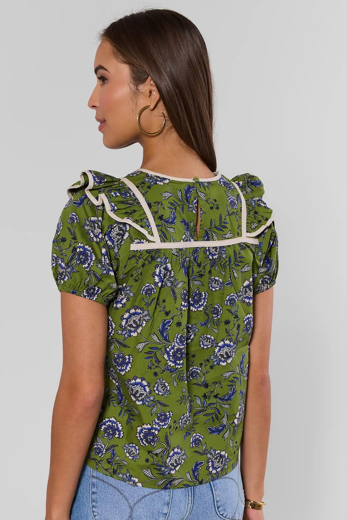 Olive Floral Printed Top with Button Back Closure - Back View On Model | Avara
