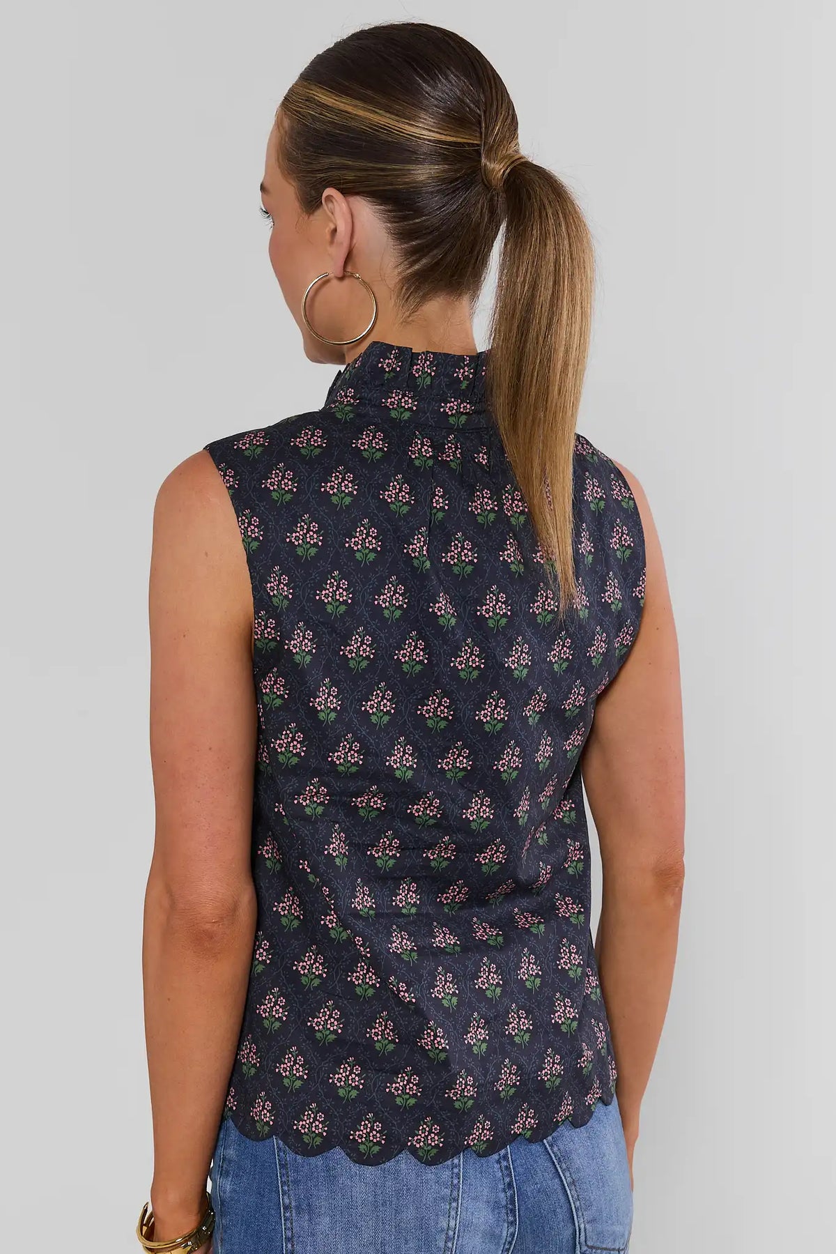 Navy Floral Printed Stand Collar Tank Top - Back View Scallop Hem | Avara
