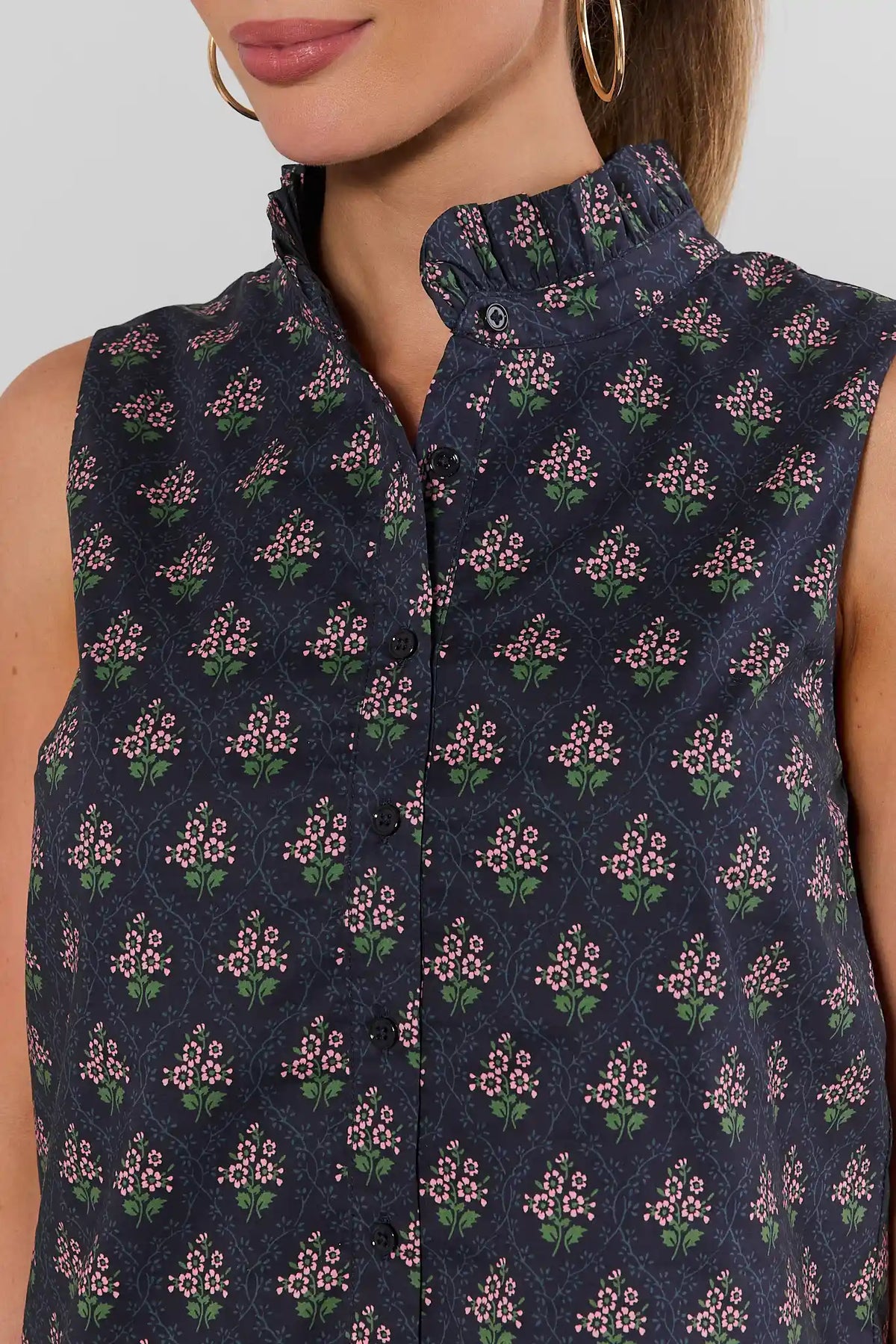 Navy Floral Tank Top Ruffle Stand Collar & Button Detail Close-Up | Avara