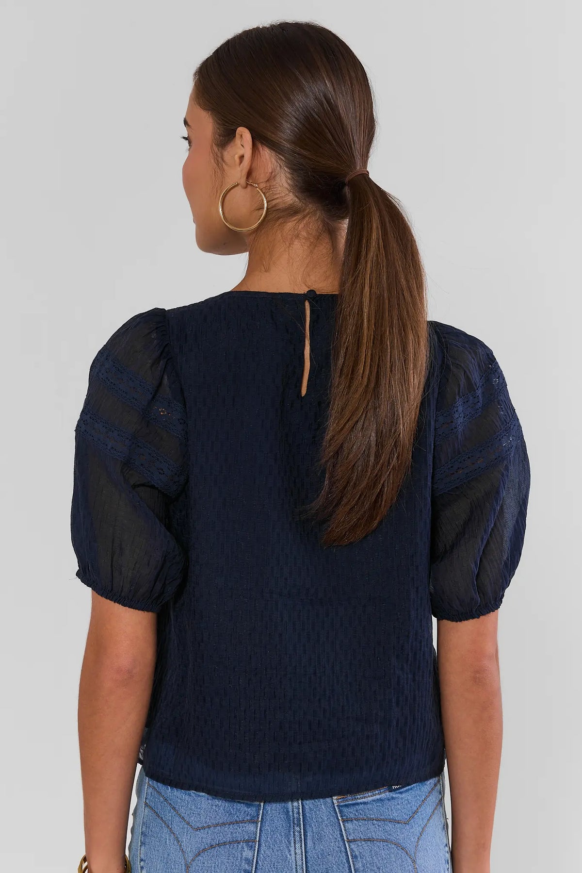 Navy Embroidered Puff Sleeve Top - Back View with Button Keyhole | Avara