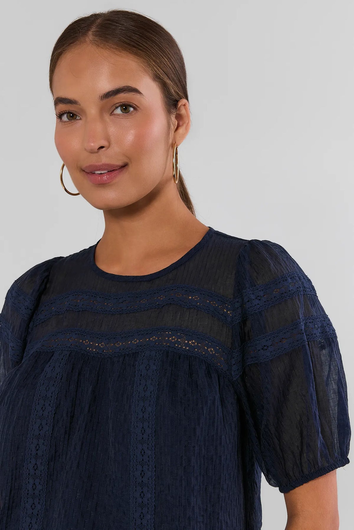 Navy Puff Sleeve Embroidered Top - Close-Up Lace Trim Detail | Avara