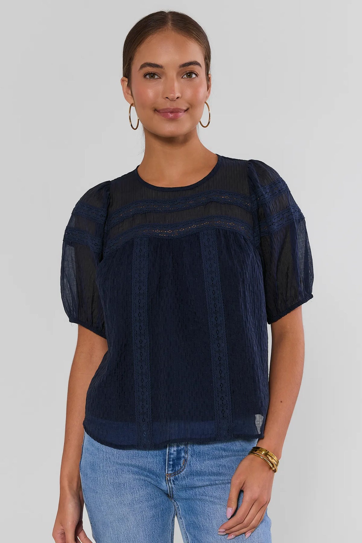 Navy Embroidered Lace Detail Top - Front View On Model | Avara