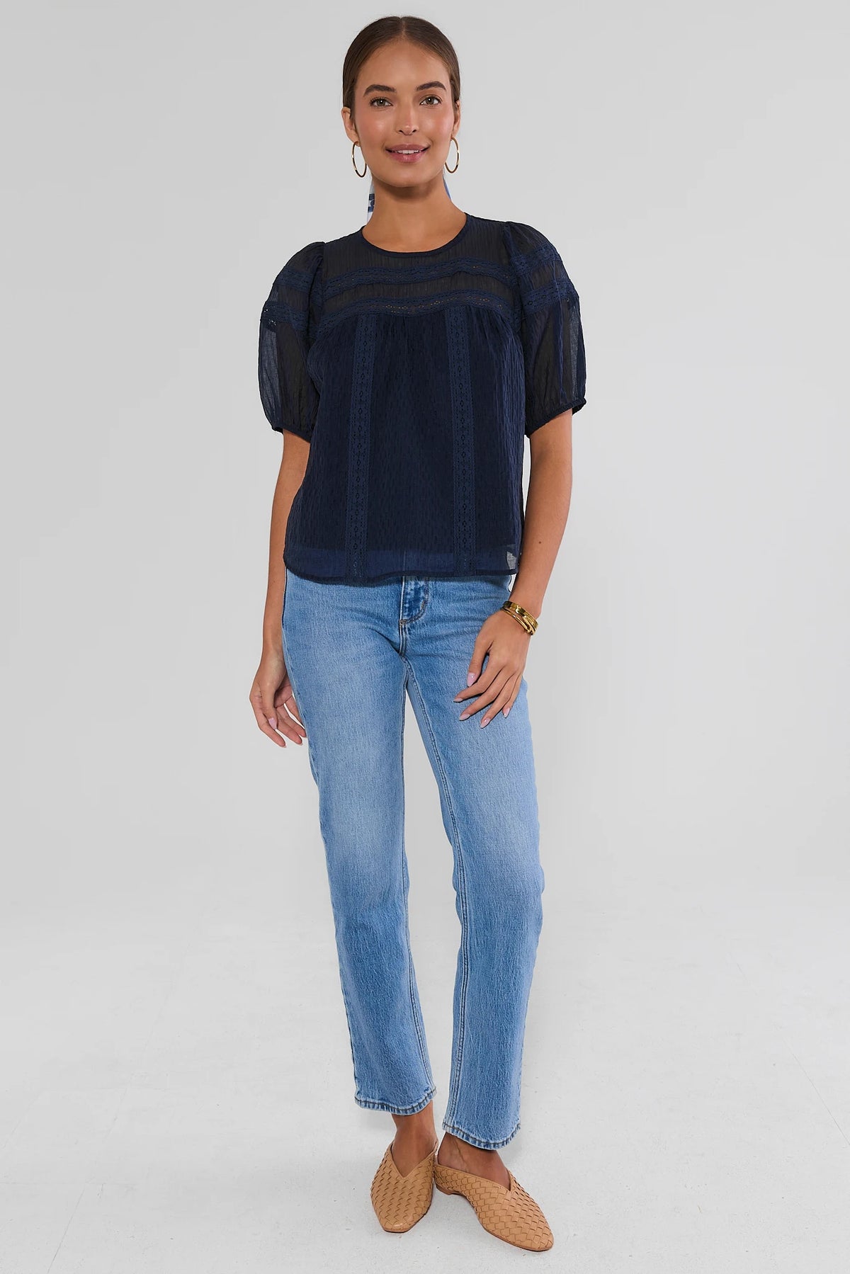 Navy Embroidered Top Styled with Light Wash Jeans - Full Length On Model | Avara
