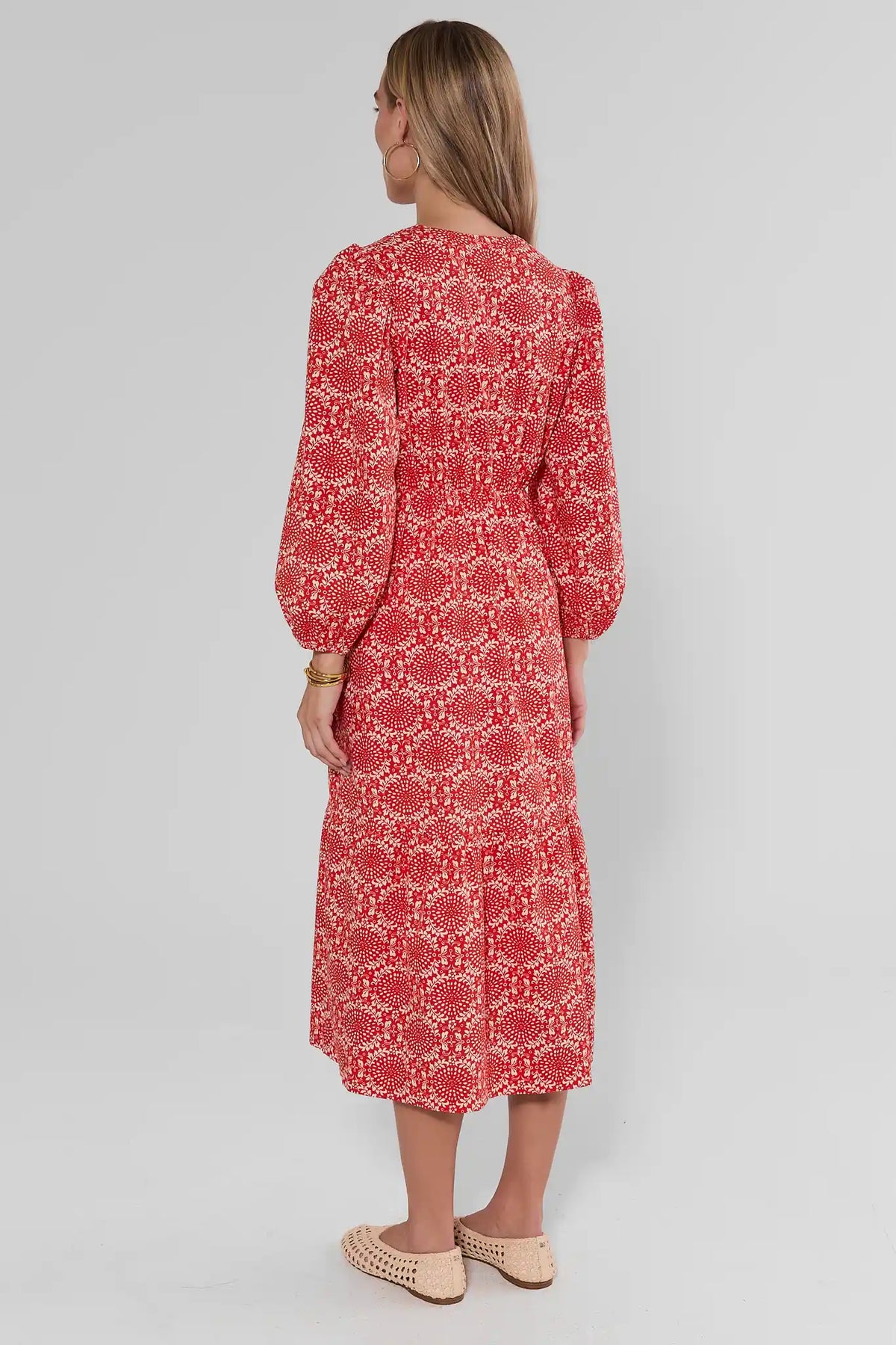 Red Floral Printed Women's Midi Dress - Back View On Model Showing Tiered Hem | Avara
