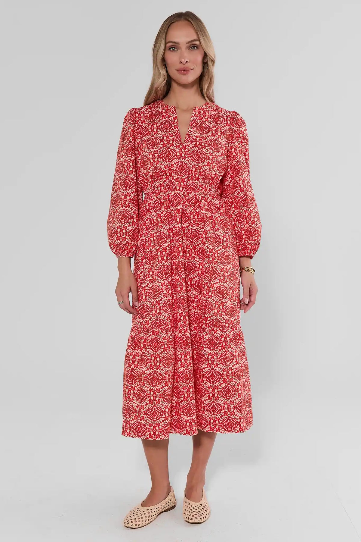 Red Poppy Floral Printed Modest Midi Dress - Front View On Model | Avara