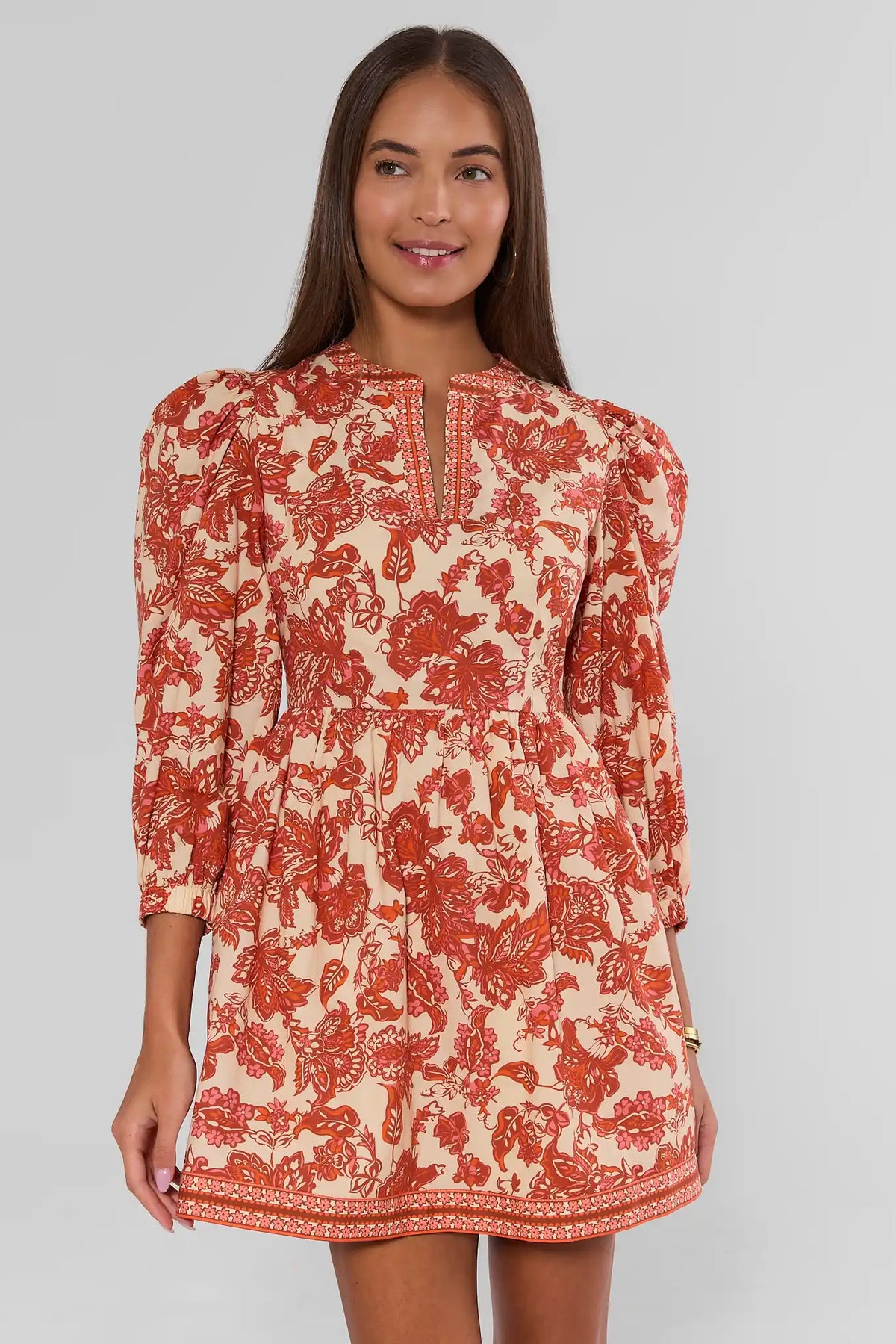 Red Floral Melanie Short Dress - Front View On Model, Long Puff Sleeves | Avara